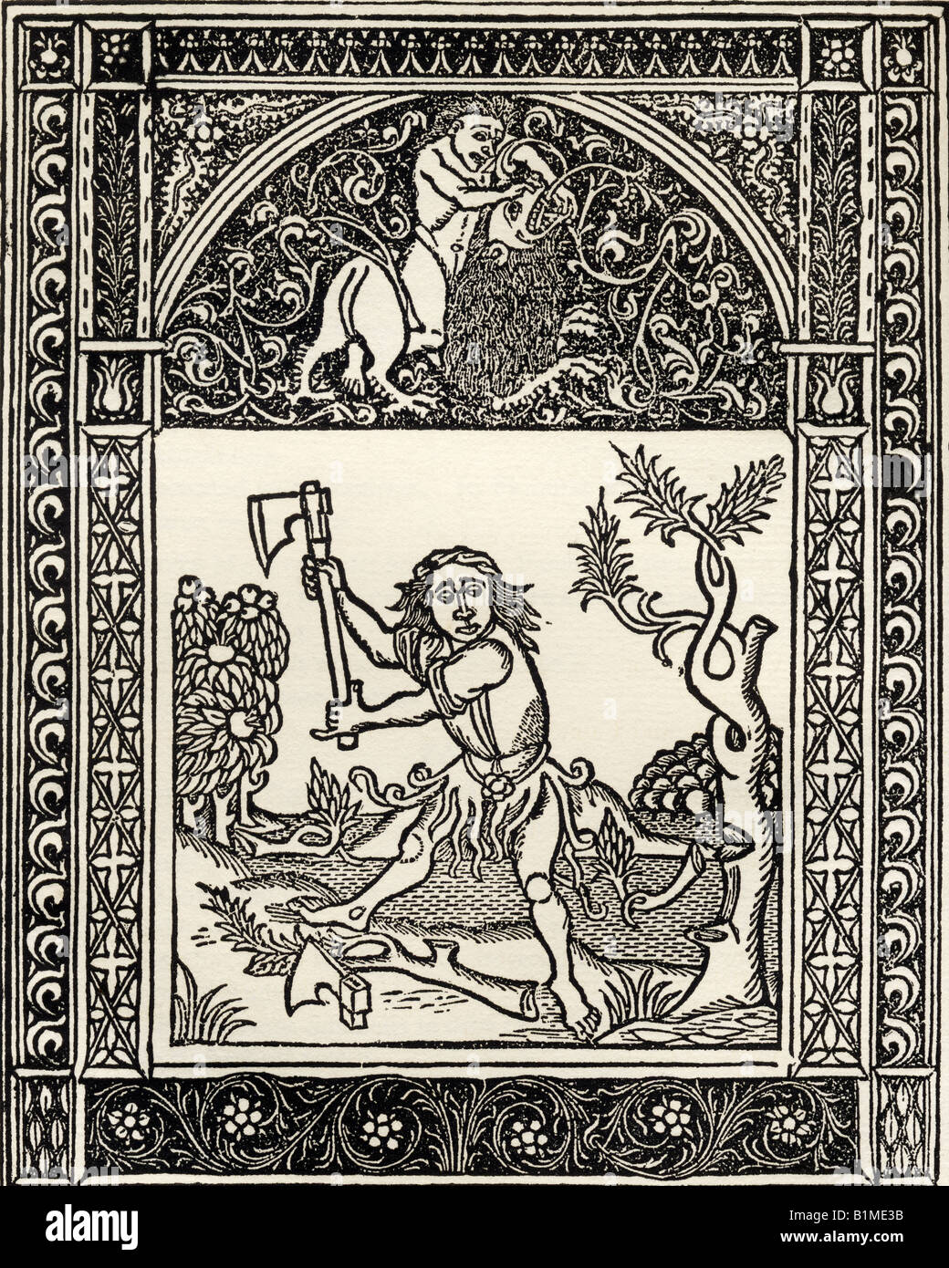 Facsimile of Illustration of the Fable of the Woodcutter and the Axe, from Esopi Vita et Fabulae, printed Naples 1485. Stock Photo