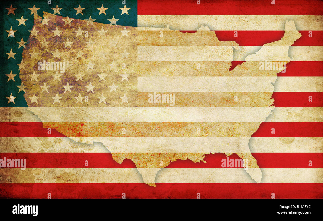 United States of America flag and USA map contour in old fashioned, grunge and rusty style Stock Photo