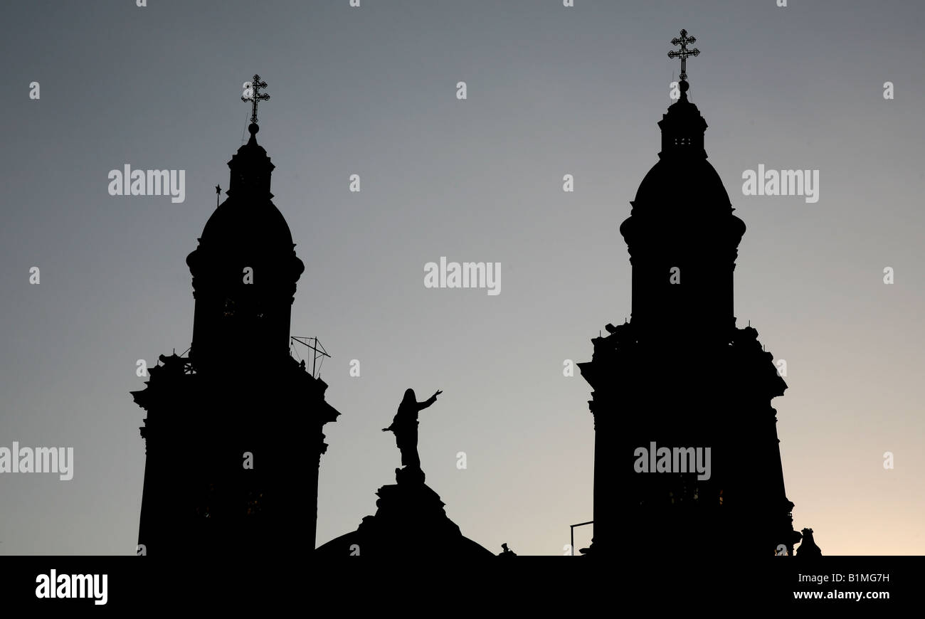The sunsets behind the Catedral Metropolitana, Plaza de Armas, Santiago, Chile Stock Photo