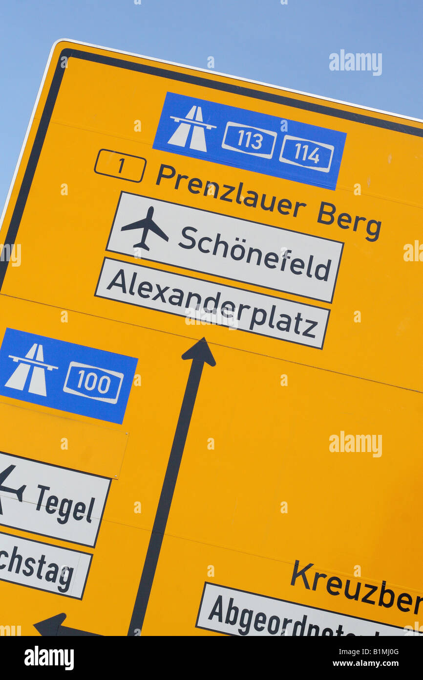 Berlin Germany road traffic sign showing direction route to Schonefeld ...