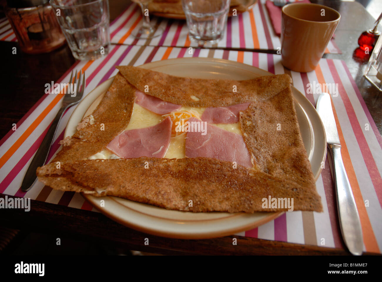 A galette a French savoury pancake with ham, egg and cheese