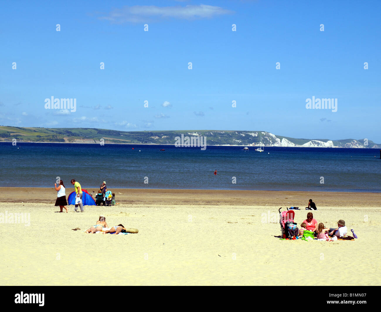 a view from the beach,looking towards the cliffs of  the Purbeck peninsula,at Weymouth,Dorset,UK. Stock Photo