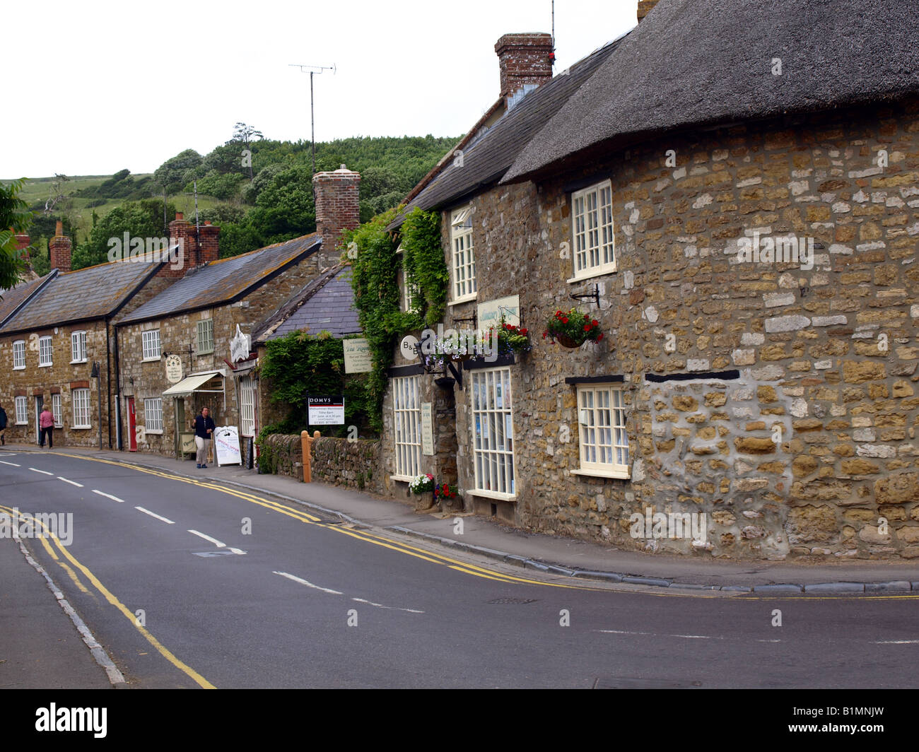 the main street,with thatched and slated houses and shops at abbotsbury