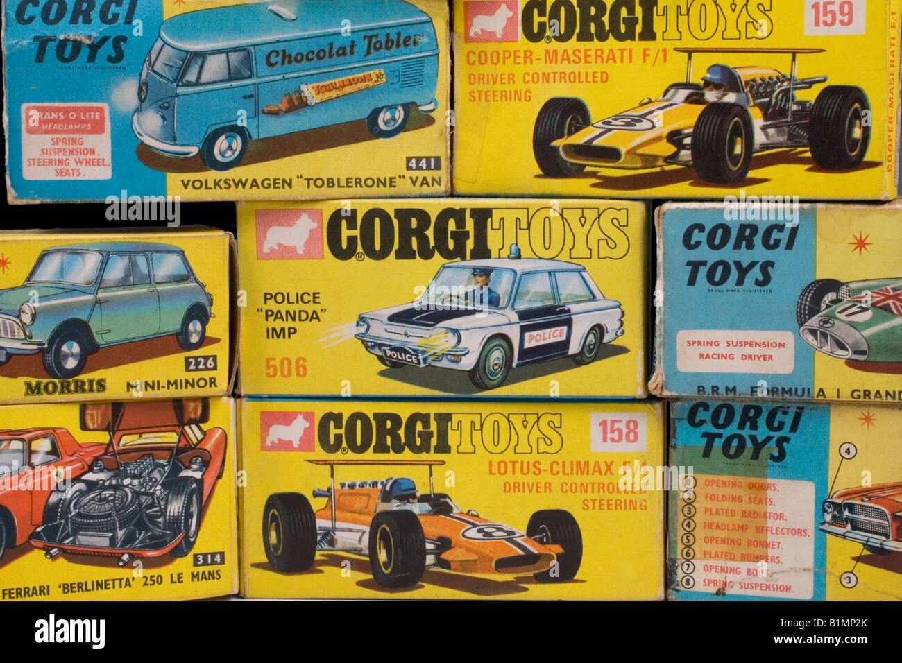 Collection of Corgi die-cast model car boxes Stock Photo