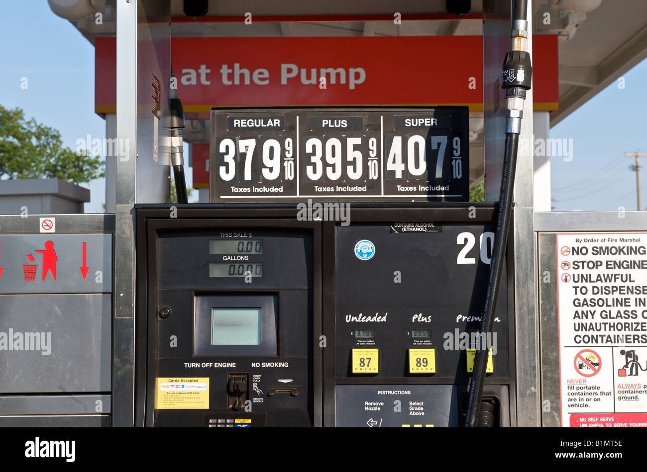 Gas station pump with high prices Stock Photo Alamy