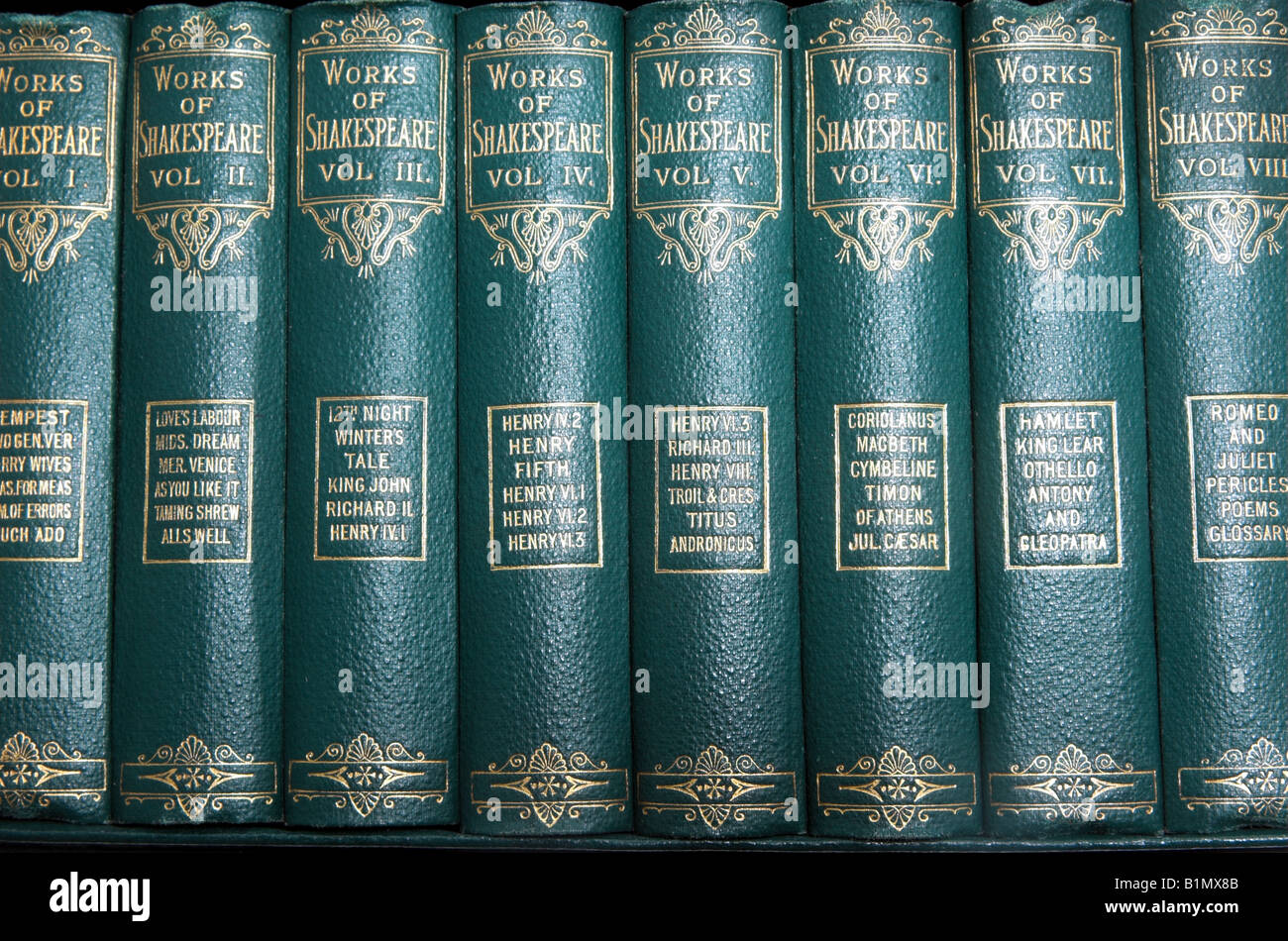 row of leather bound books Works of Shakespeare Stock Photo