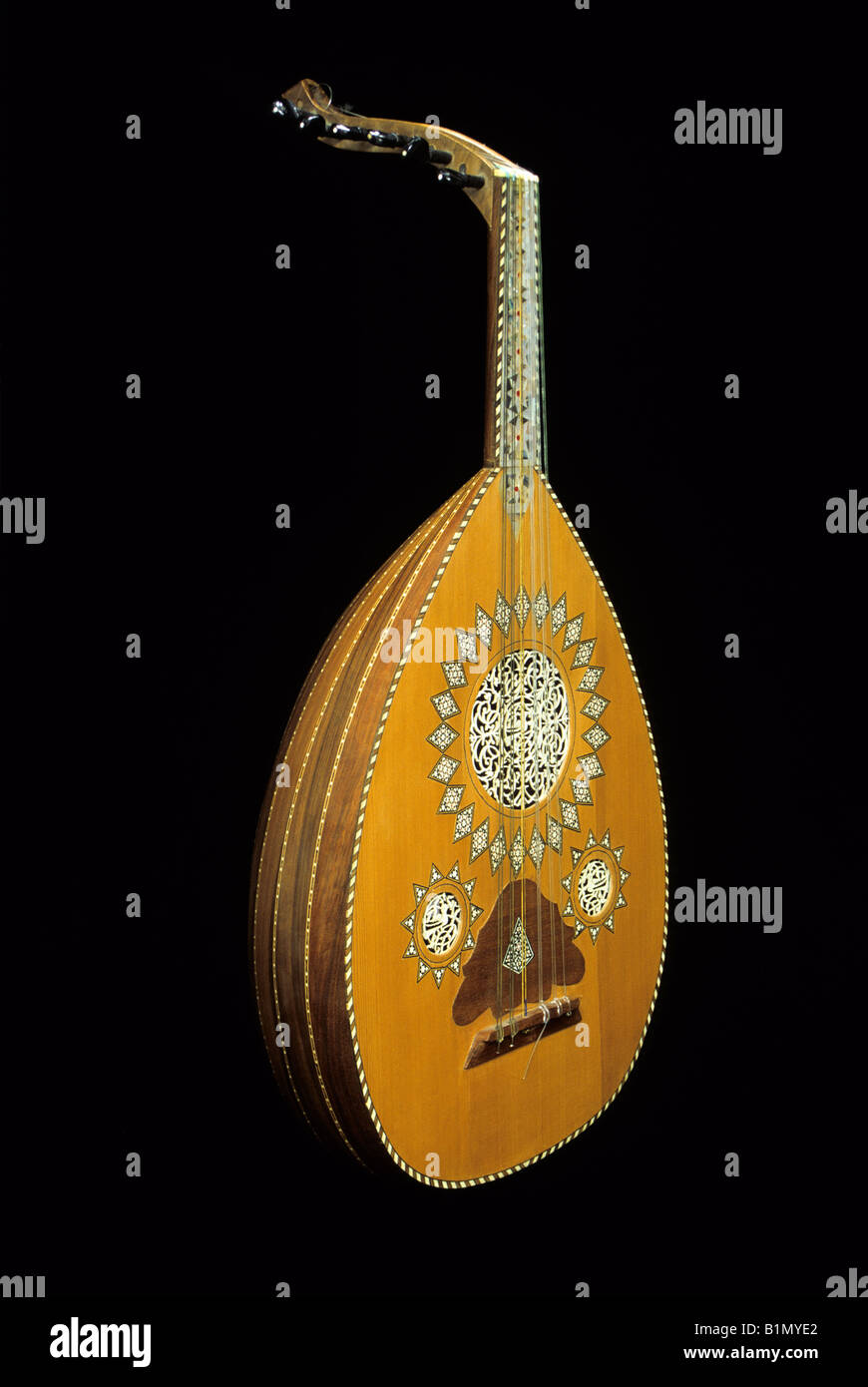 Syrian Oud or 'Ud, made in Damascus, with ivory and mother-of-pearl decoration.  CANNOT BE LICENSED FOR BOOK FRONT COVER BEFORE 27 NOVEMBER 2045. Stock Photo