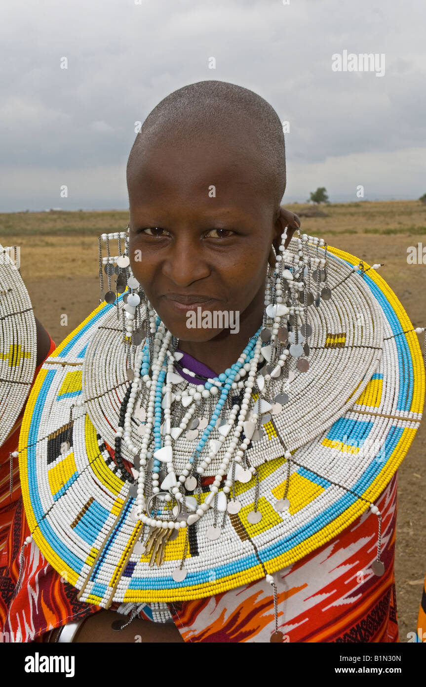 Maasai woman wearing a traditional glass bead necklaces, Tanzania Stock Photo