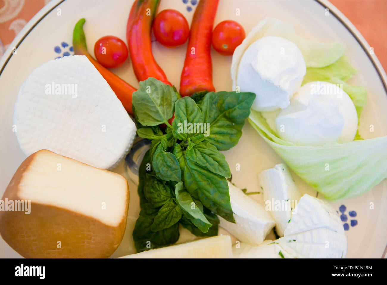 Plate of local cheeses with tomatoes, basil, chilli and lettuce Stock Photo