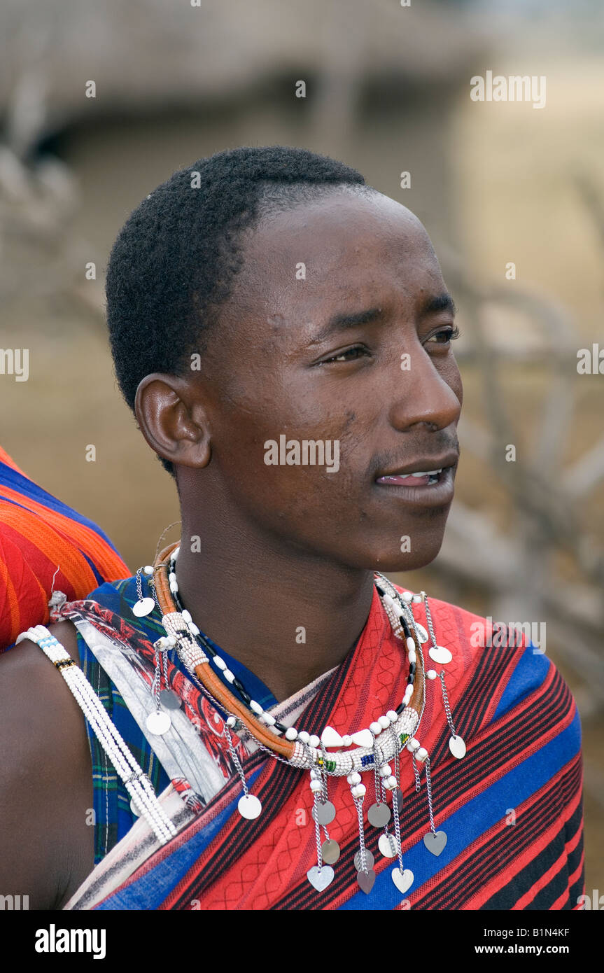 Portrait of a Maasai wearing a necklace made of glass beads, Tanzania Stock Photo