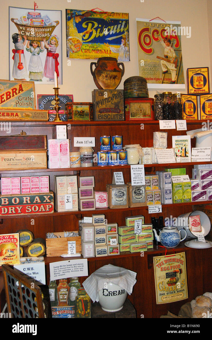 Old grocer's shop, Milestones Living History Museum, Basingstoke Leisure Park, Basingstoke, Hampshire, United Kingdom Stock Photo