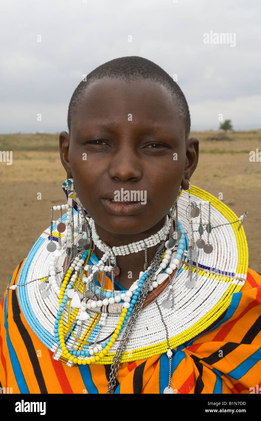Maasai woman wearing a traditional glass bead necklaces Tanzania Stock Photo
