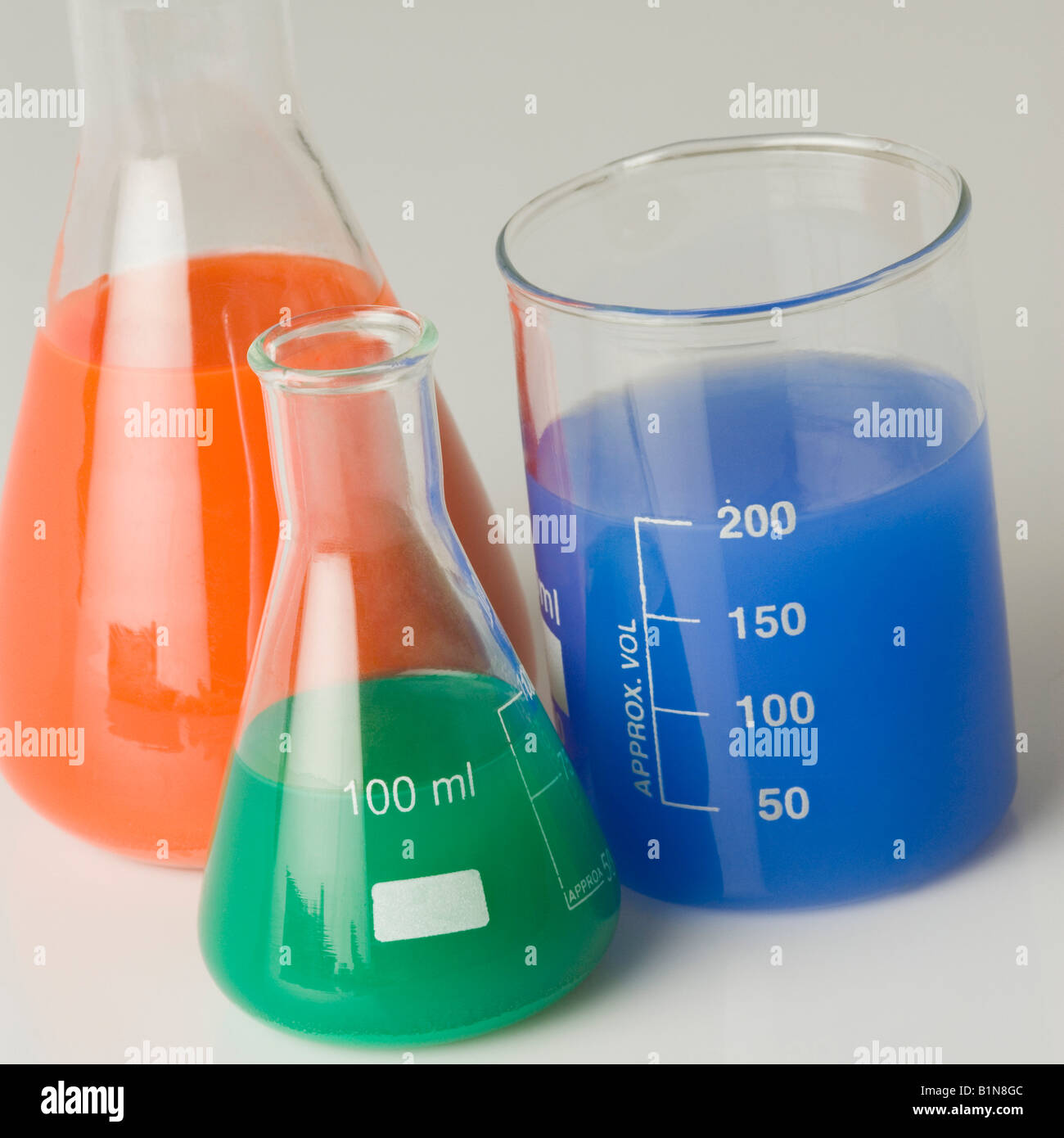Closeup of conical flasks and a measuring beaker Stock Photo Alamy