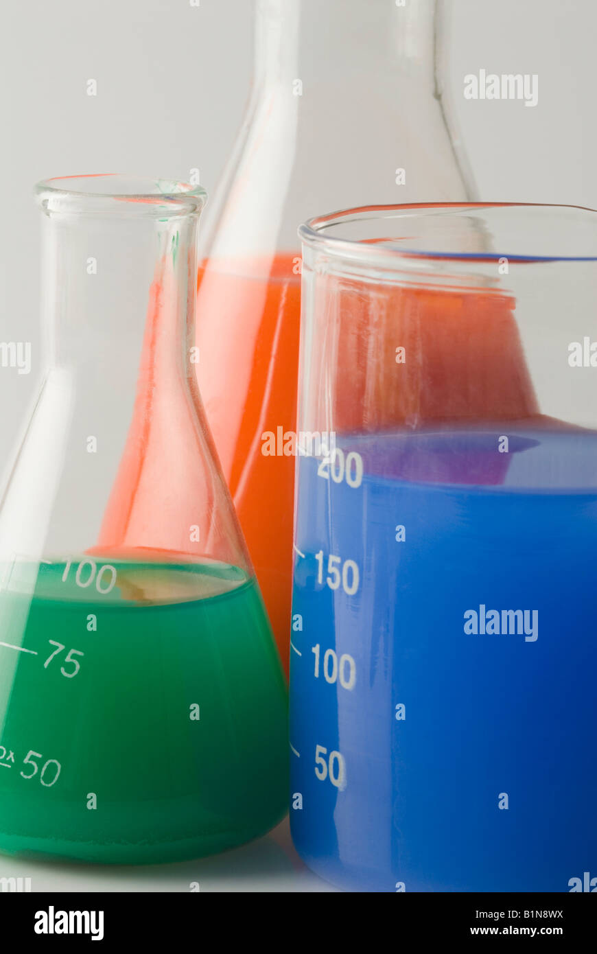 Closeup of conical flasks and a measuring beaker Stock Photo Alamy