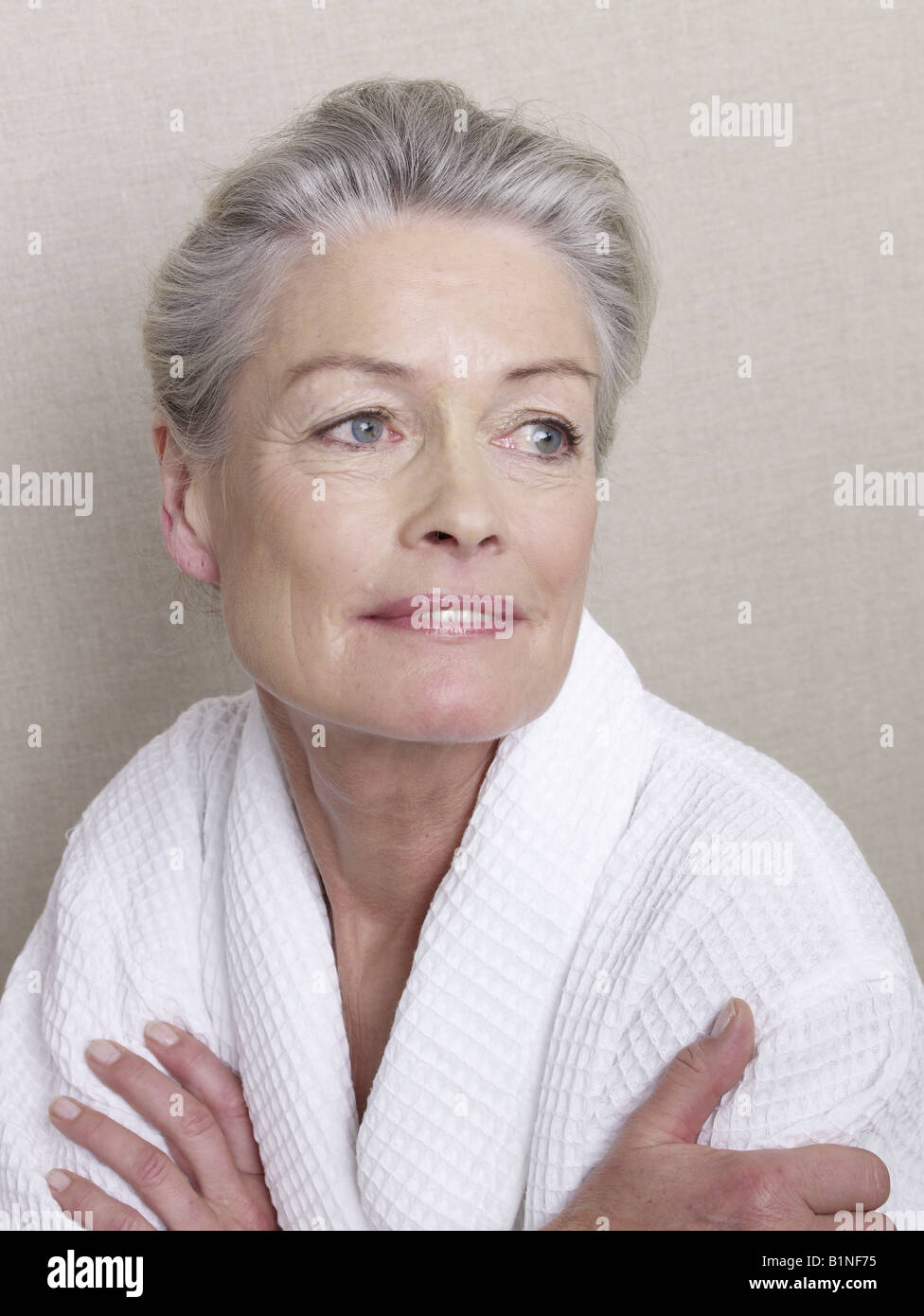 Senior adult in bathrobe, Portrait Stock Photo Alamy