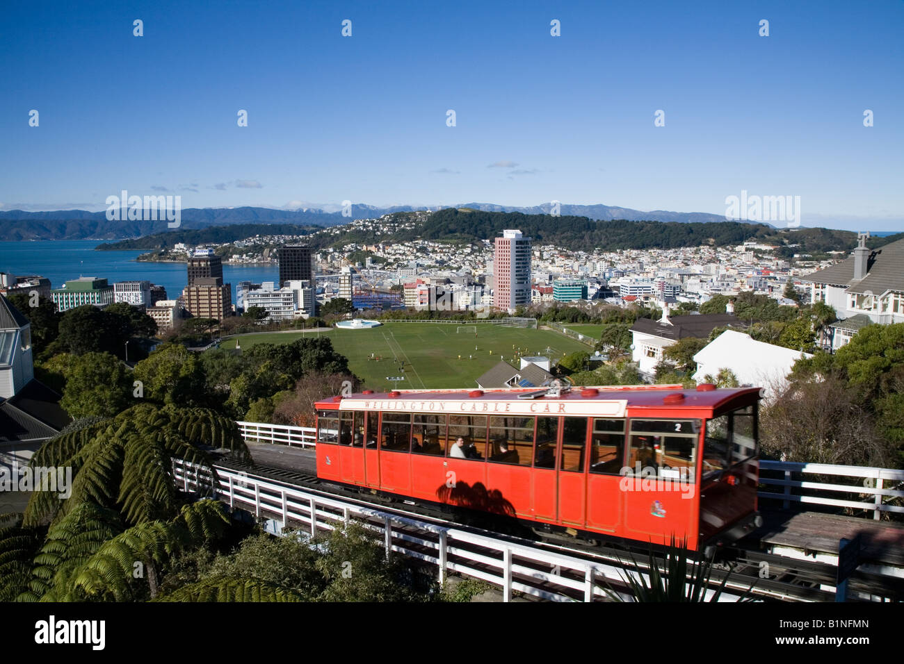 View over the Capital City of Wellington New Zealand and Cable Car Stock Photo