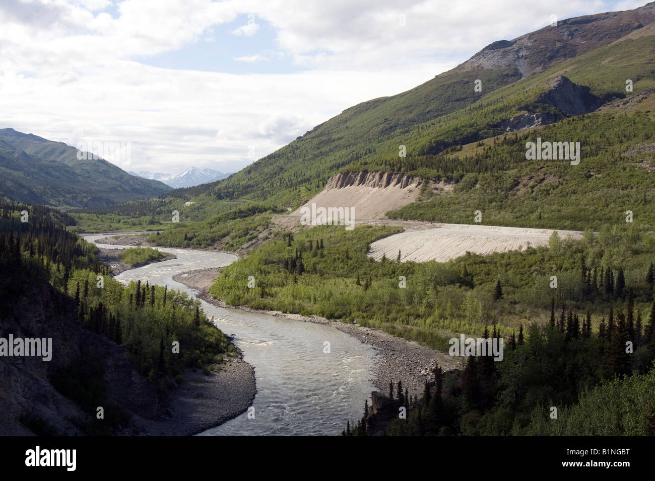 River running through beautiful Alaskan forest valley. Stock Photo