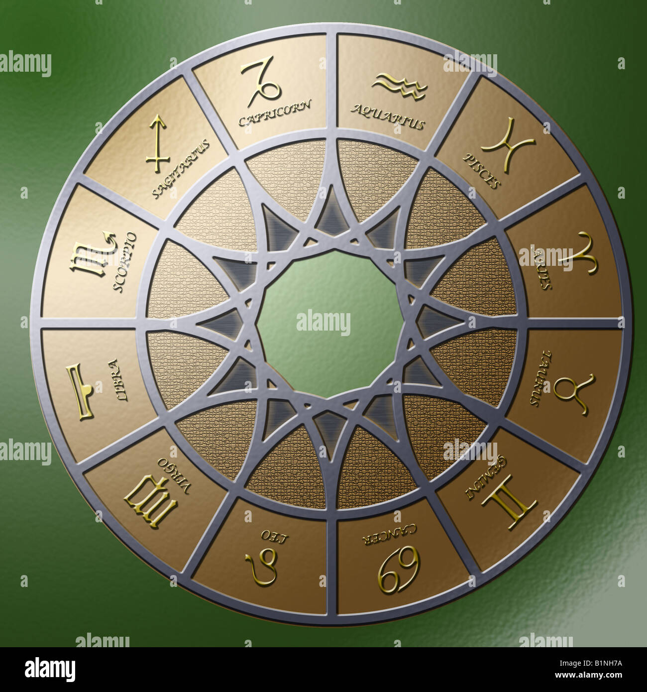 Illustration of a metal circle containing 12 embossed zodiac signs Stock Photo