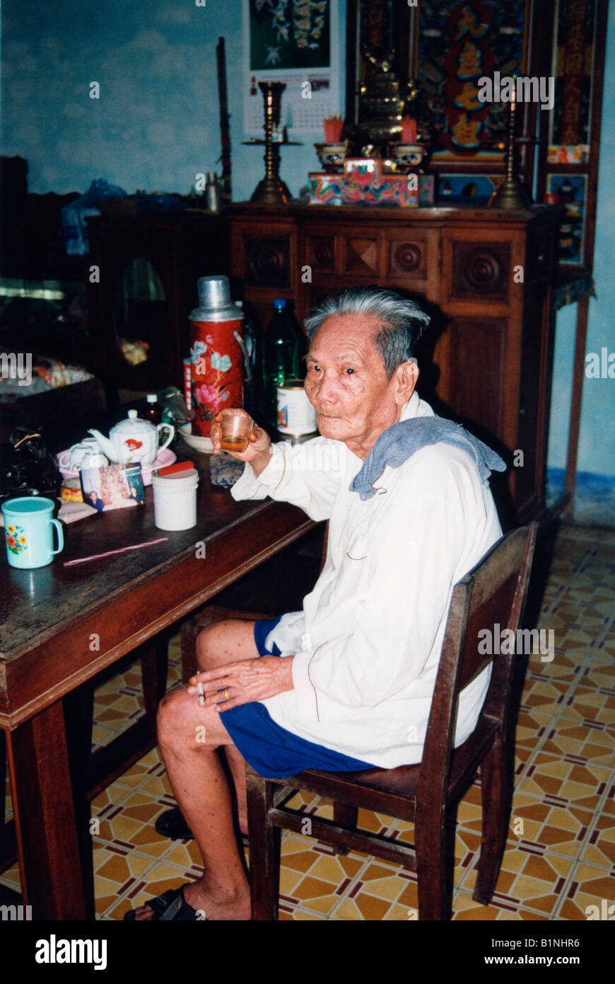 Vietnam Mekong Delta Elderly Vietnamese Man Drinking Tea In His Home ...
