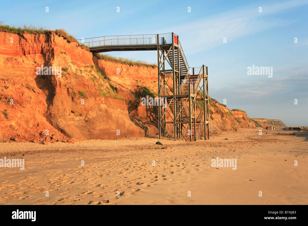 Temporary beach access at Happisburgh, Norfolk, UK, erected after coast erosion destroyed main access ramp. Stock Photo