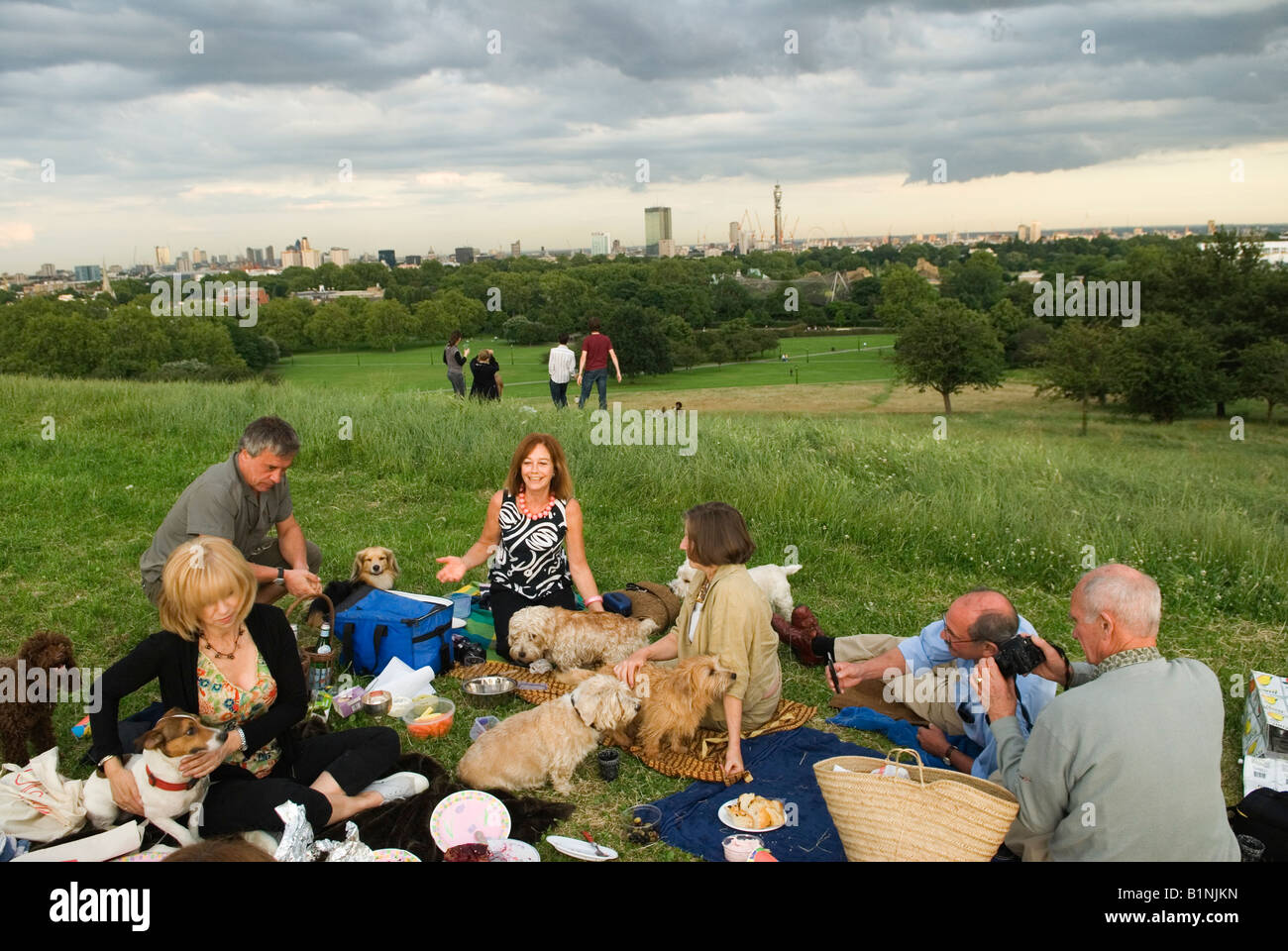 London skyline British people love their pet dogs. Alfresco picnic Primrose Hill at a dog lovers summers evening UK 2008 2000s HOMER SYKES Stock Photo