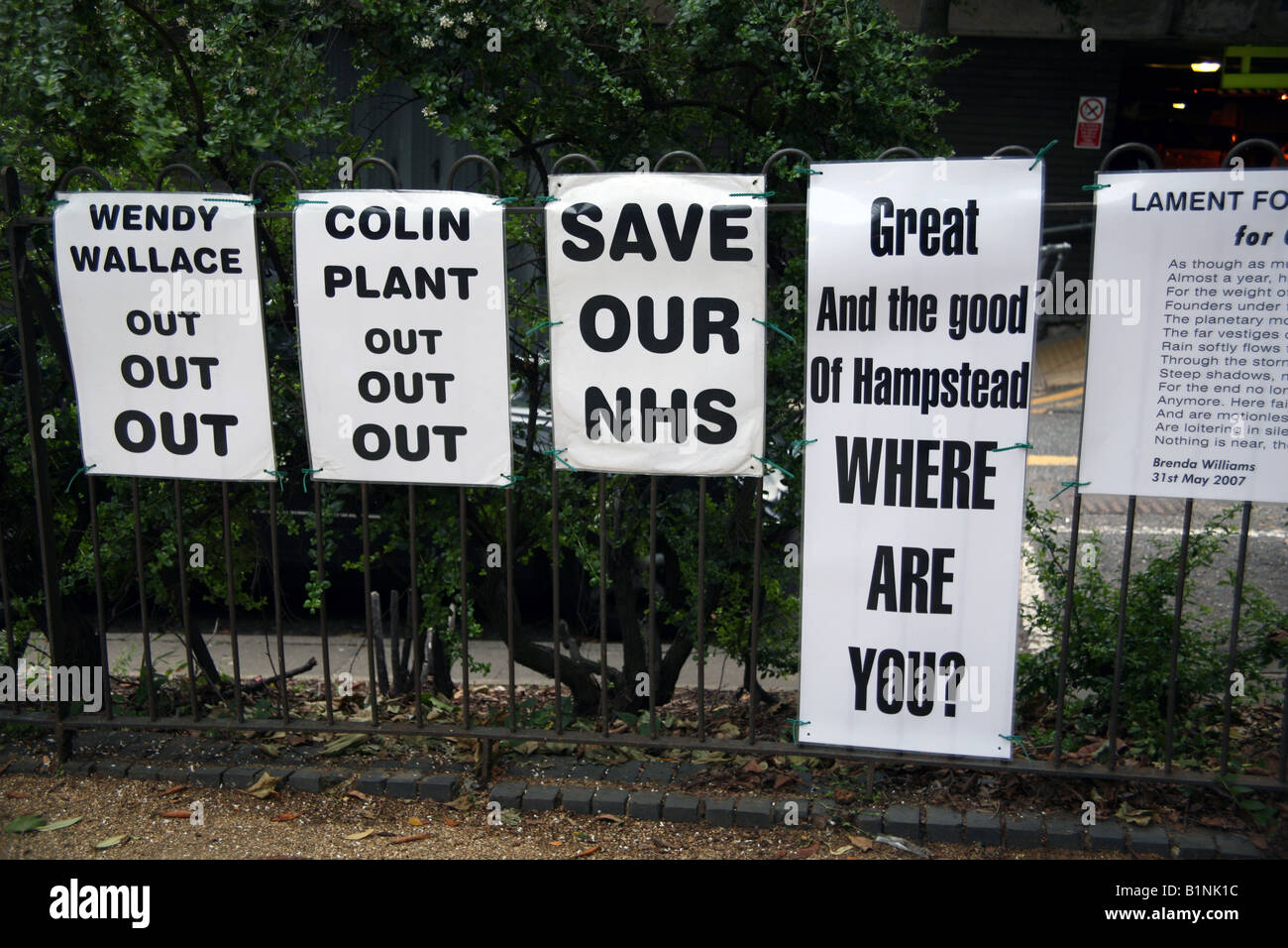 Save The NHS campaign posters outside London hospital Stock Photo