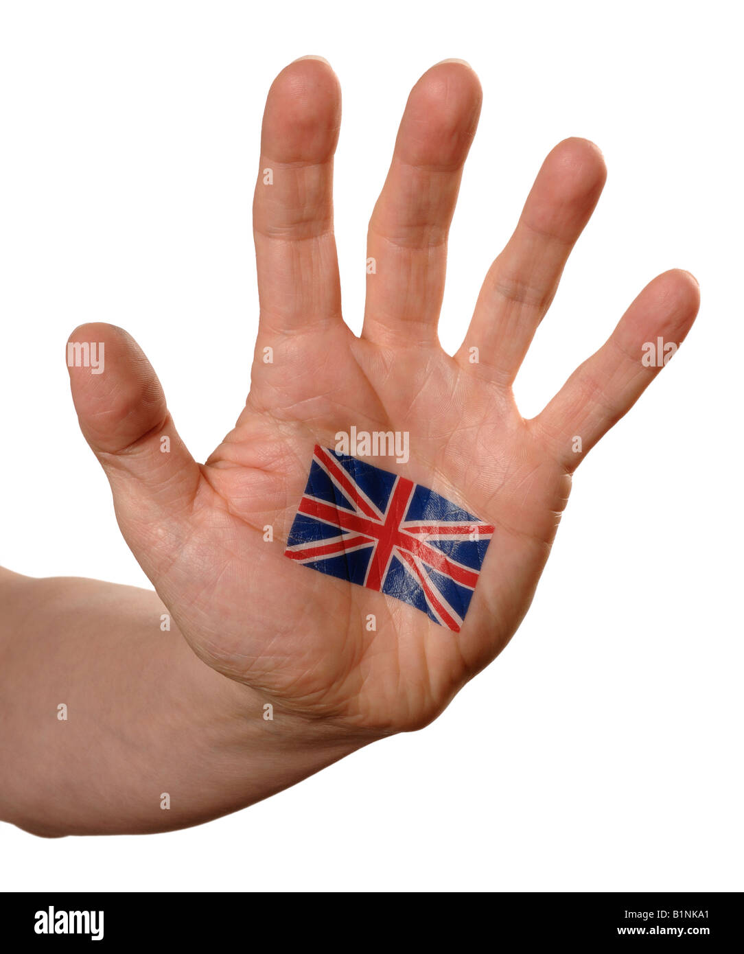 Mans hand and Union Flag on palm Stock Photo