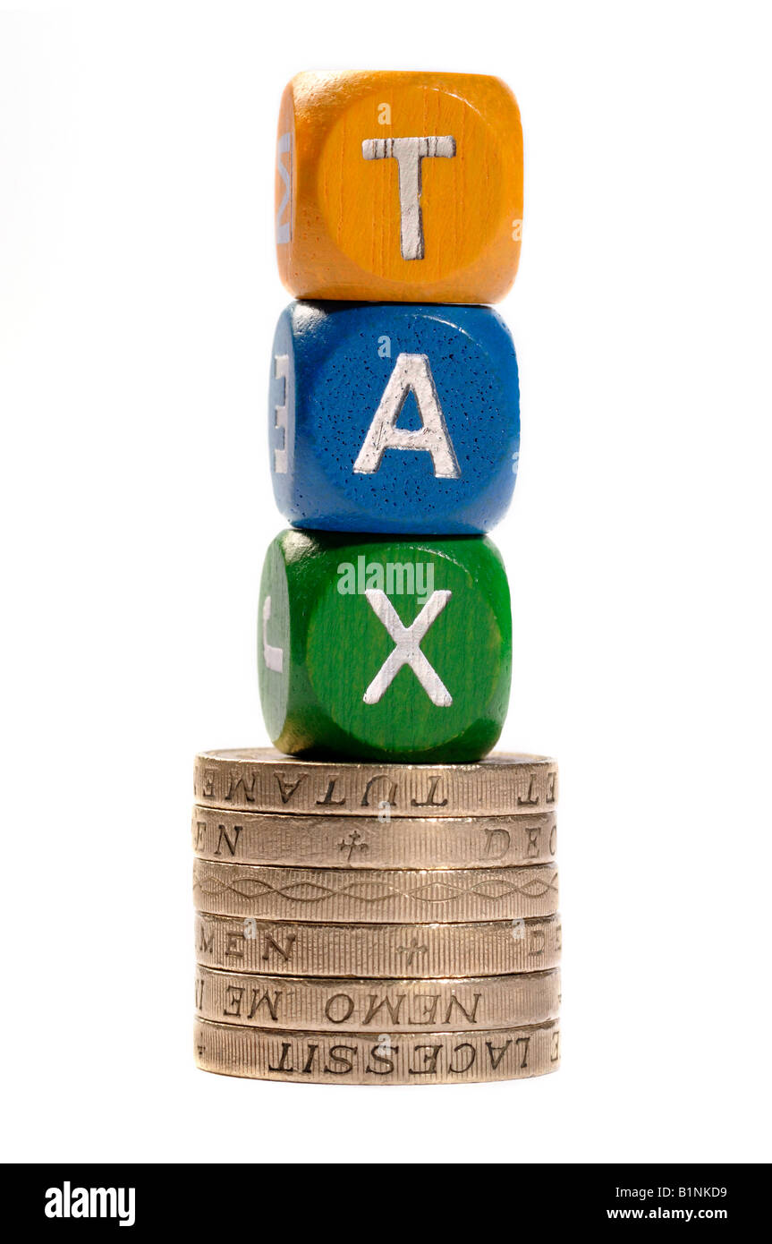 Tax dice and coins concept Stock Photo