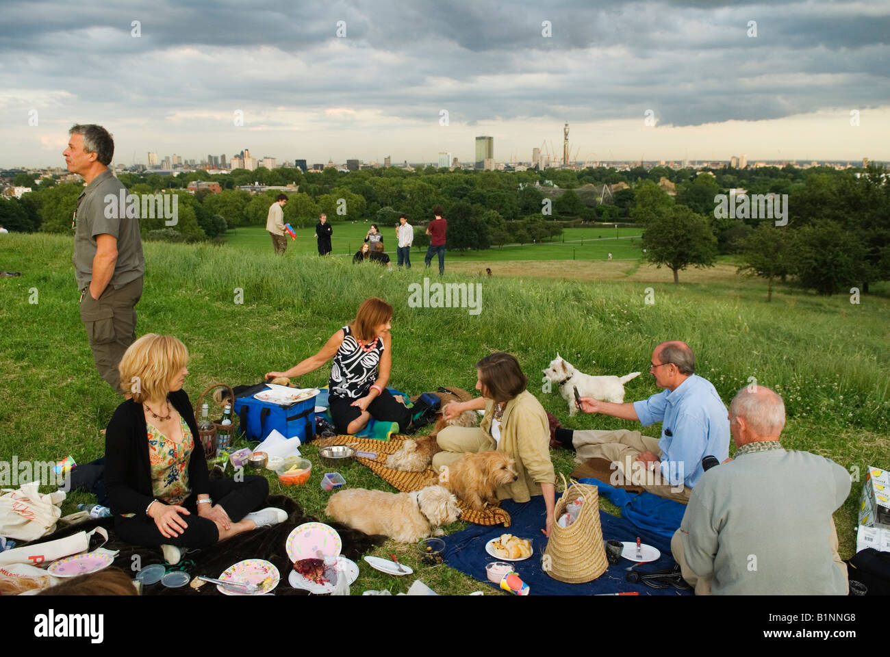 London skyline British people love their pet dogs. Alfresco picnic Primrose Hill at a dog lovers summers evening UK 2008 2000s HOMER SYKES Stock Photo