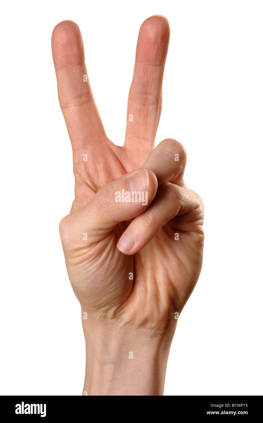 Mans hand victory fingers v Stock Photo