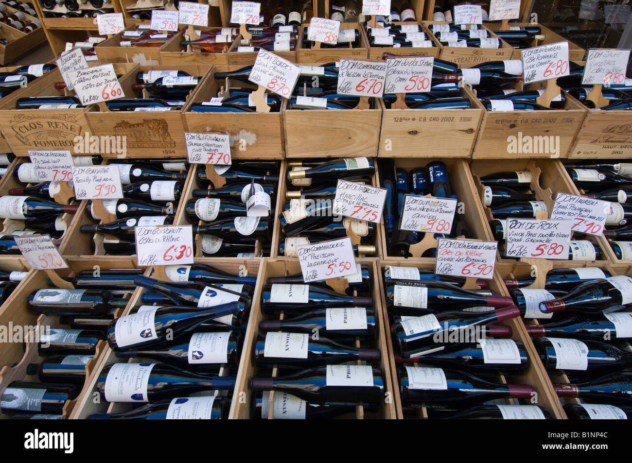 Wine display Rue Mouffetard Paris France Stock Photo