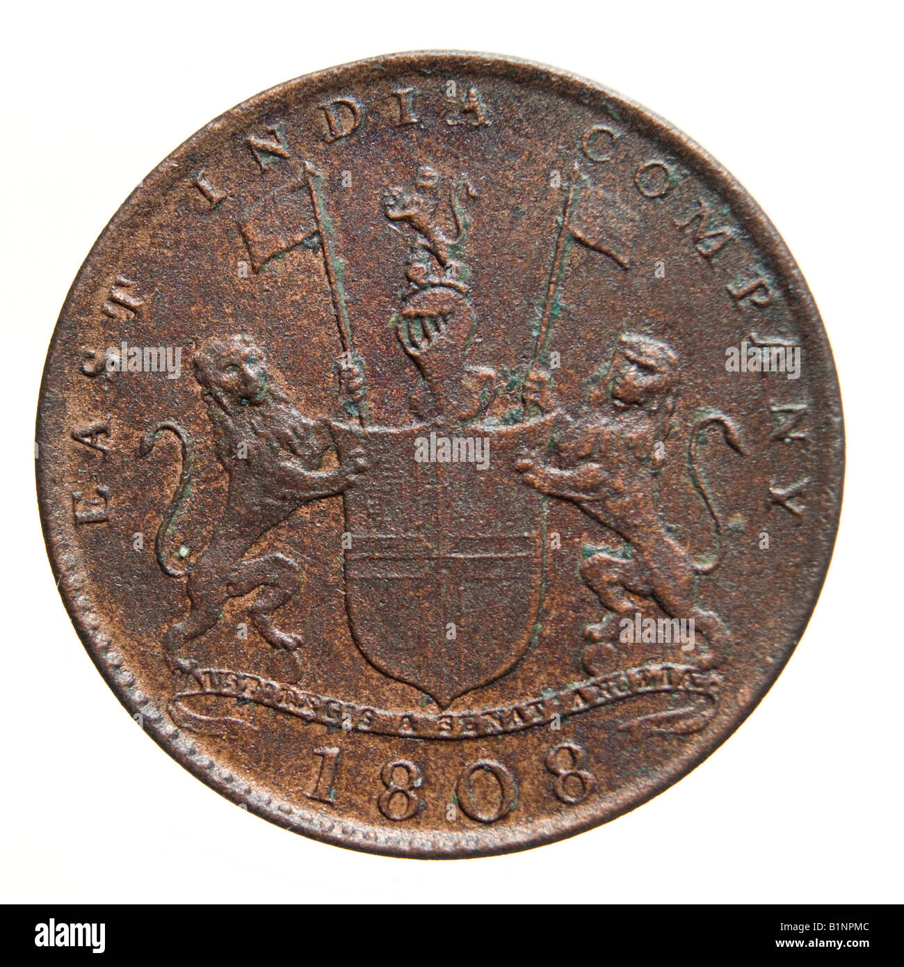 Copper Ten (X) Cash Coin 1808 of the East India Company. Obverse. Stock Photo