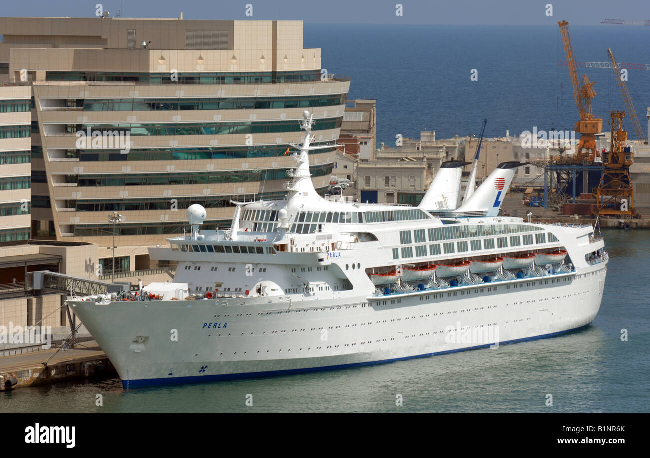 Ms. Perla Cruise ship Perla in dock at Port Vell harbour in Barcelona, Spain ...