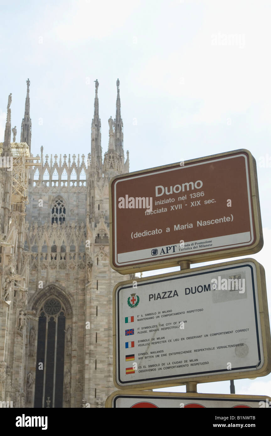 sign in different languages about the Duomo Cathedral in central Milan Stock Photo