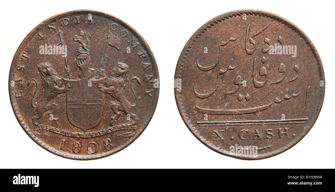Copper Ten (X) Cash Coin 1808 of the East India Company. Obverse and Reverse. Stock Photo