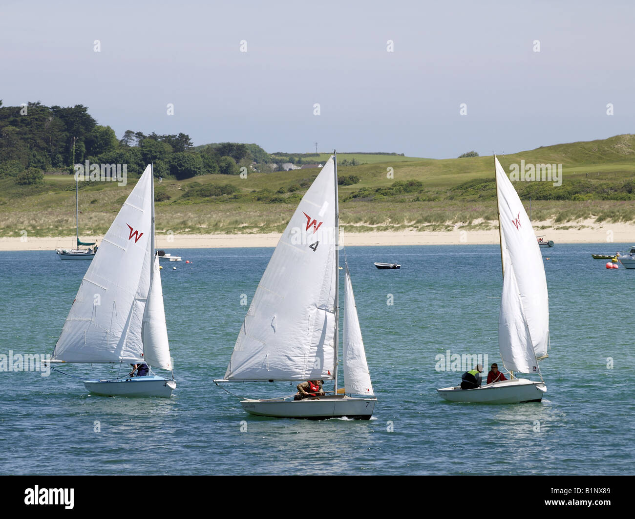 Three small sail boats on the water Stock Photo