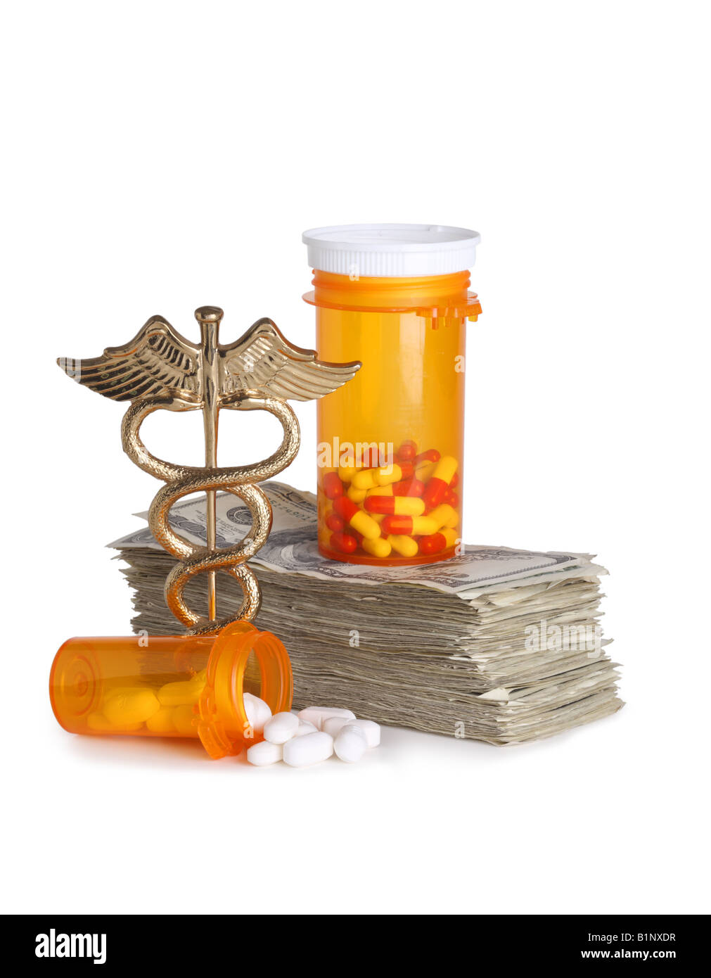 Costly healthcare concept caduceus money and pills cut out on white background Stock Photo