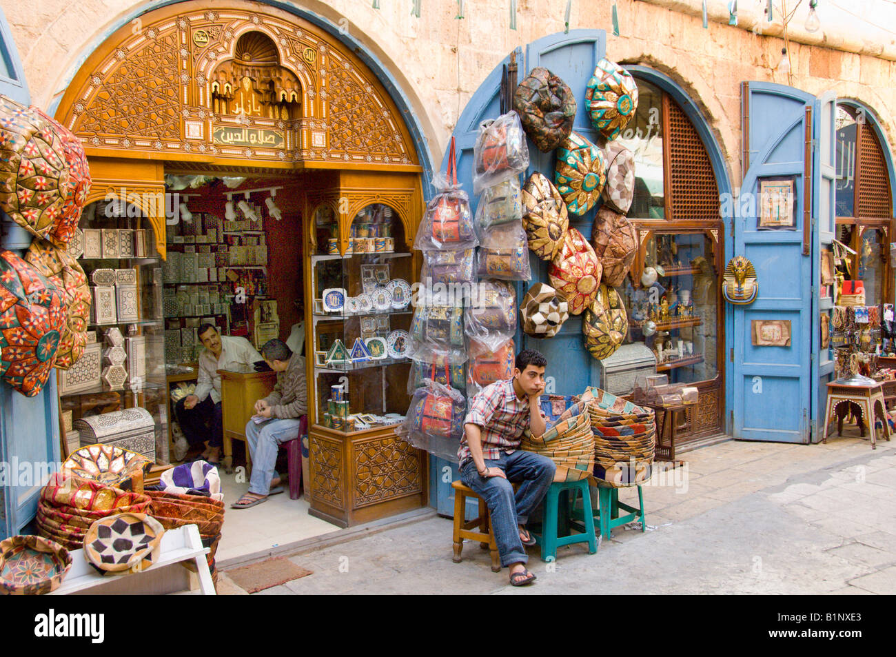 A variety of shops selling souvenirs in the Khan El Khalili market in