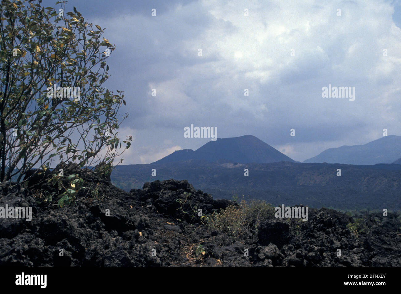 Lava fields and Volcan Paricutin, a cinder cone volcano in Michoacan, Mexico Stock Photo