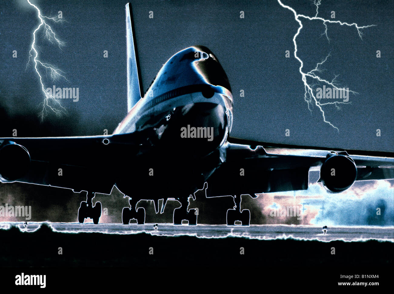 commercial jet taking off during thunder storm and lightning Stock