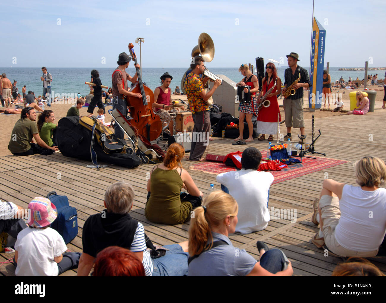 Barcelona beach, music band plays for public, Barcelona, Spain Stock