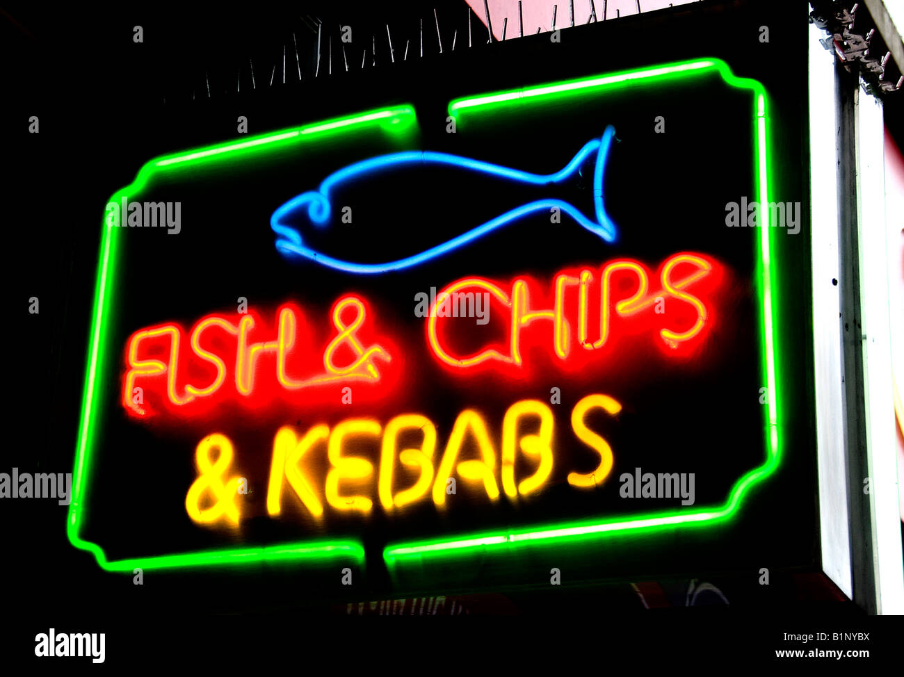 Fish and Chips Kebabs London neon light Restaurant Stock Photo