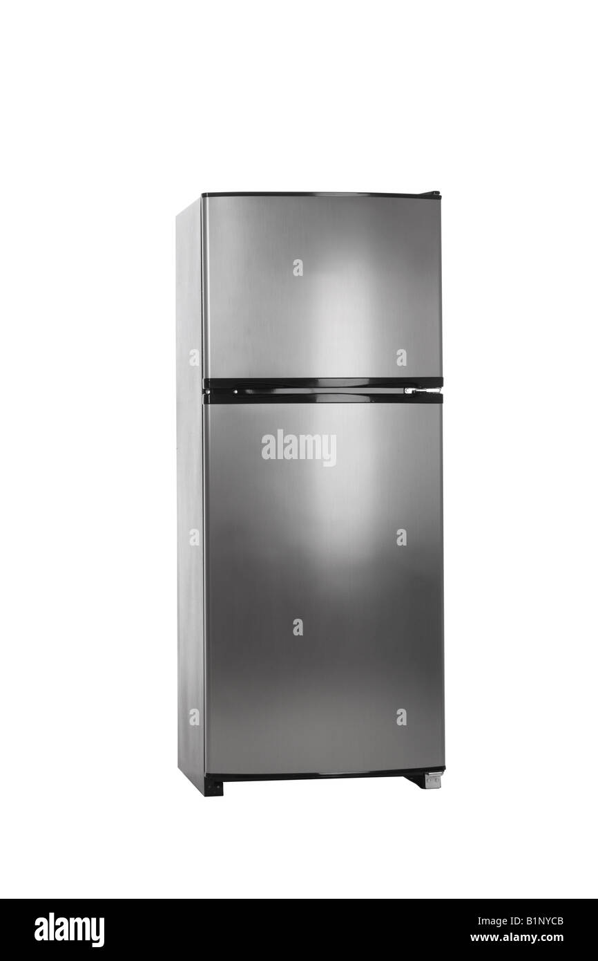 Stainless steel refrigerator cut out on white background Stock Photo