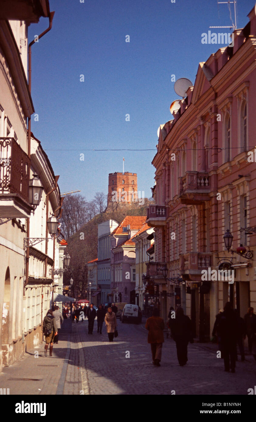 Pilies Street, and Gediminas Tower of Vilnius Castle. Old town, Vilnius, Lithuania Stock Photo