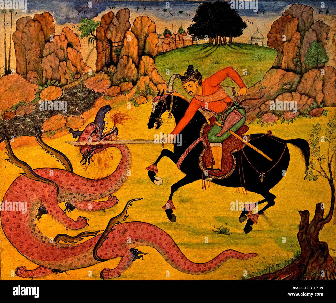 Bahram Gur slays a dragon India Mughal 1610 AD Sasanian 420 438 Stock Photo