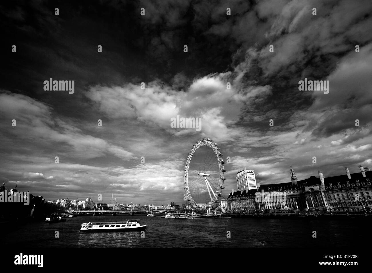 Landscape black and white london london eye thames tower bridge tower of london Stock Photo