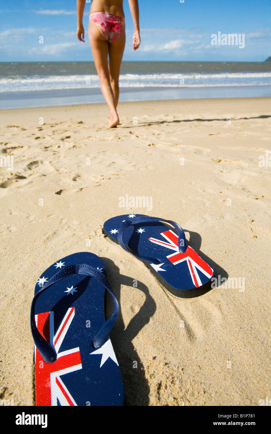 Aussie thongs on beach - Cairns, Queensland, AUSTRALIA Stock Photo - Alamy