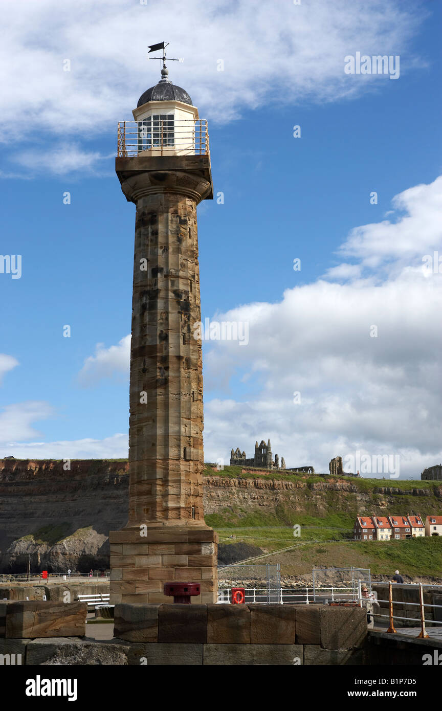 WHITBY LIGHTHOUSE PIER SAINT MARGARETS CHURCH AND ABBEY SUMMER Stock Photo