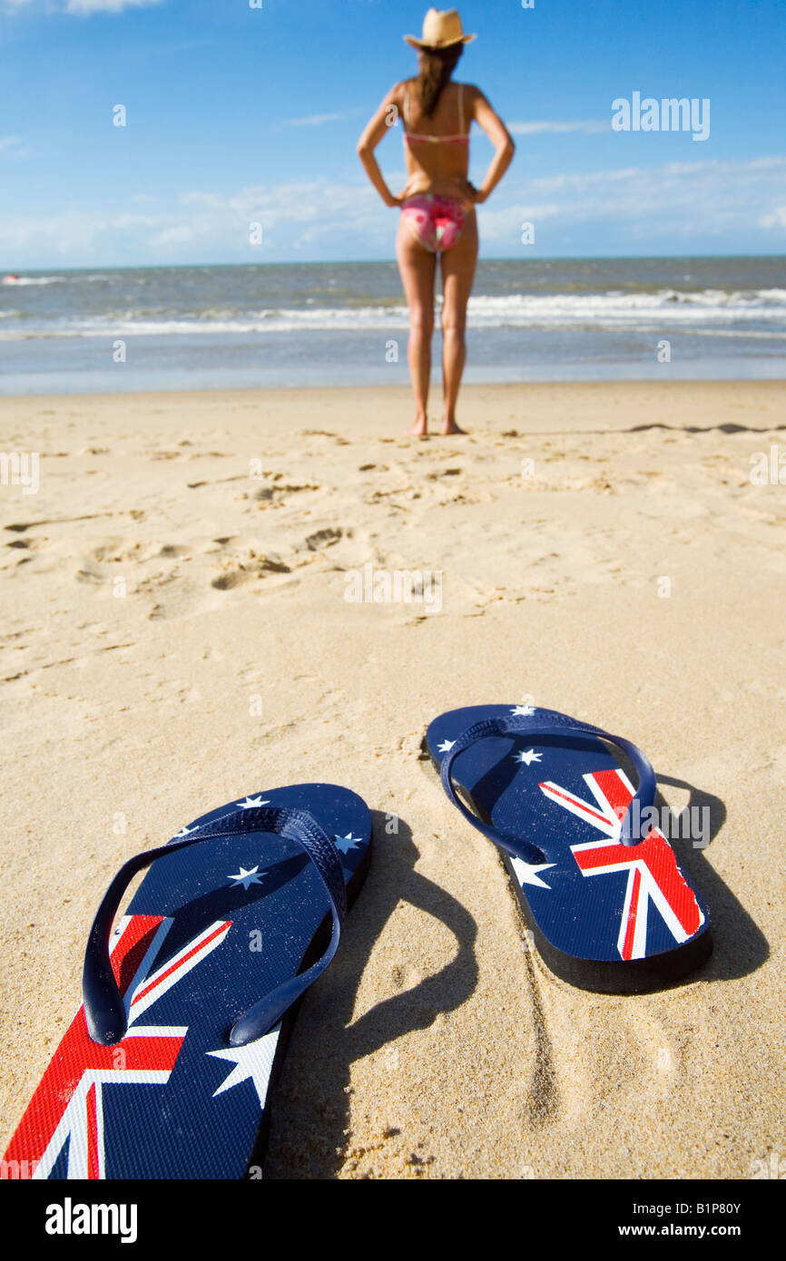 Aussie thongs on beach - Cairns, Queensland, AUSTRALIA Stock Photo