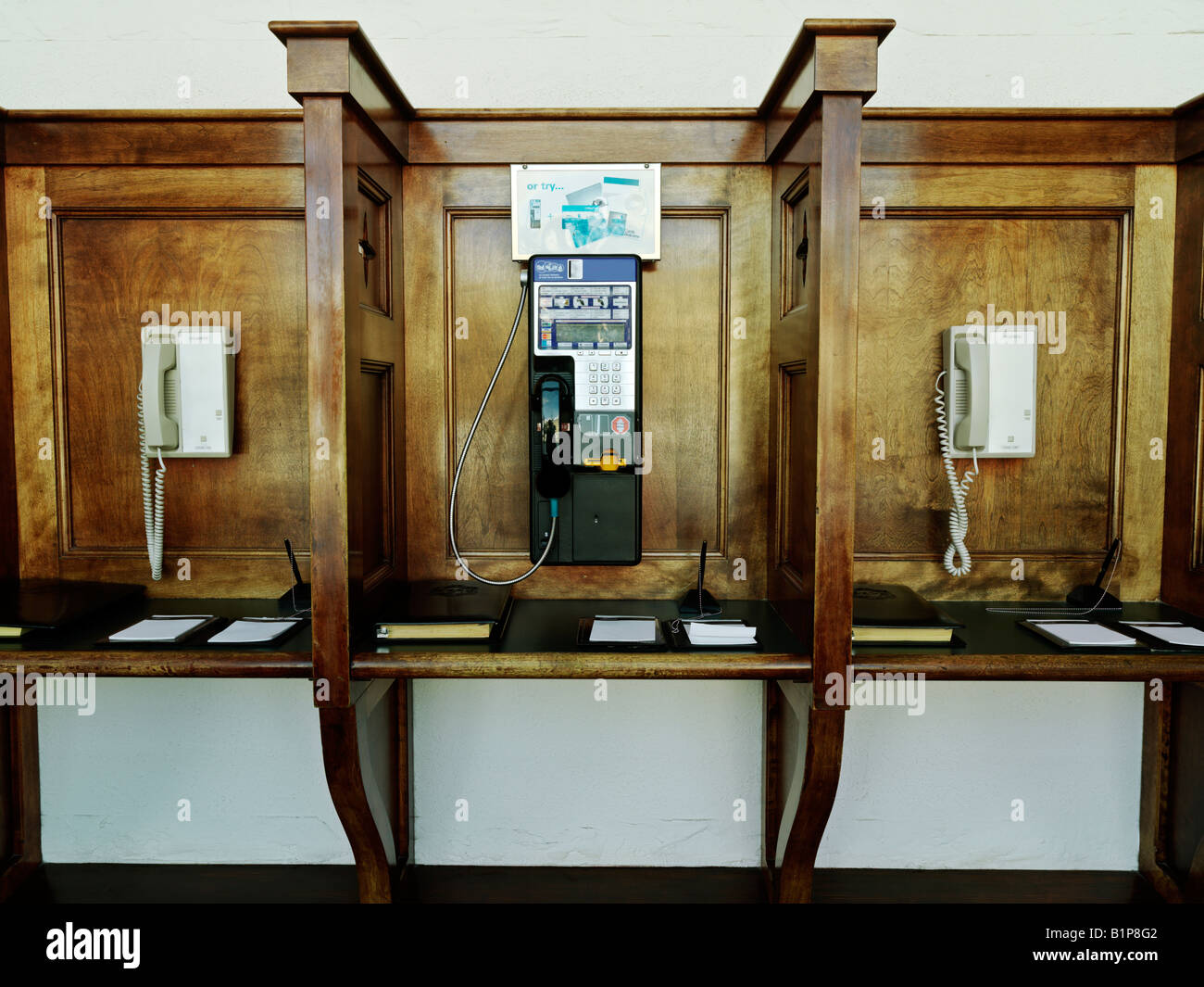 Canada Alberta Banff National Park Lake Louise Fairmont Chateau Lake Louise phone booths Stock Photo